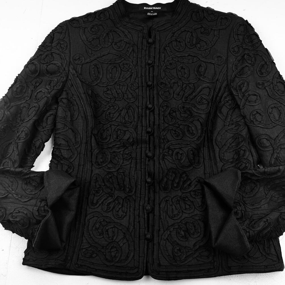 Ellen Tracy Textured Ribbon Embroidered Linen Classy Vintage Jacket Women's 4